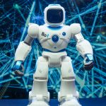 Futuristic humanoid robot against a blue network pattern backdrop, showcasing modern technology.